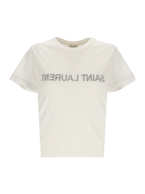 T-shirt con stampa logo rovesciata Saint Laurent | 665234Y37AW9744